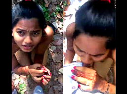 Cutie giving blowjob in jungle