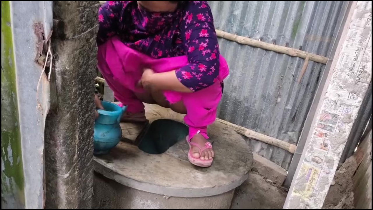 I see my sister going to the bathroom to Urine