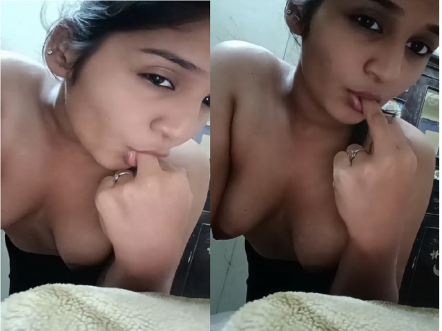 Juicy boobs young girl sucking middle finger in horniness